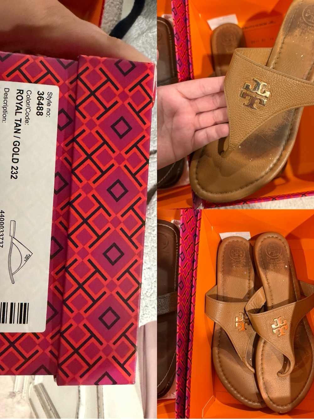 Tory Burch Tan Leather Logo Thong Sandals with Gold Emblem